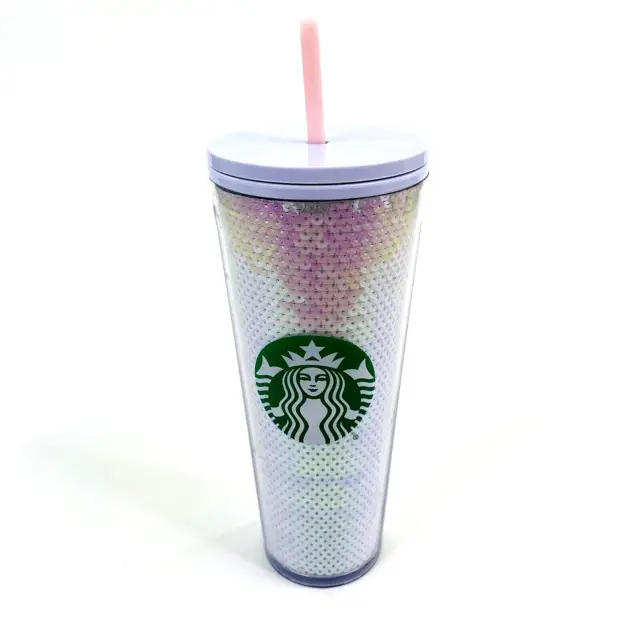 Starbucks Cup Kitchen Holiday 2020 Pink White Sequin Plastic Cold Tumbler 24oz