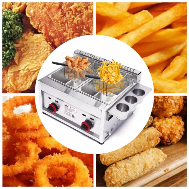 Countertop Gas Fryer,Commercial Deep Fryer 2 Basket  LPG Stainless Steel