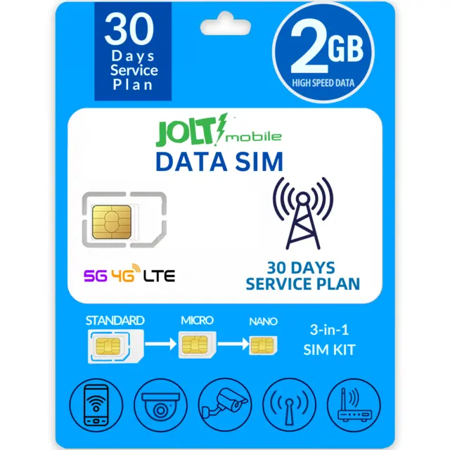 Jolt Mobile Data SIM Card - 2GB Internet 30 Day Data Plan on AT&T 5G 4G LTE