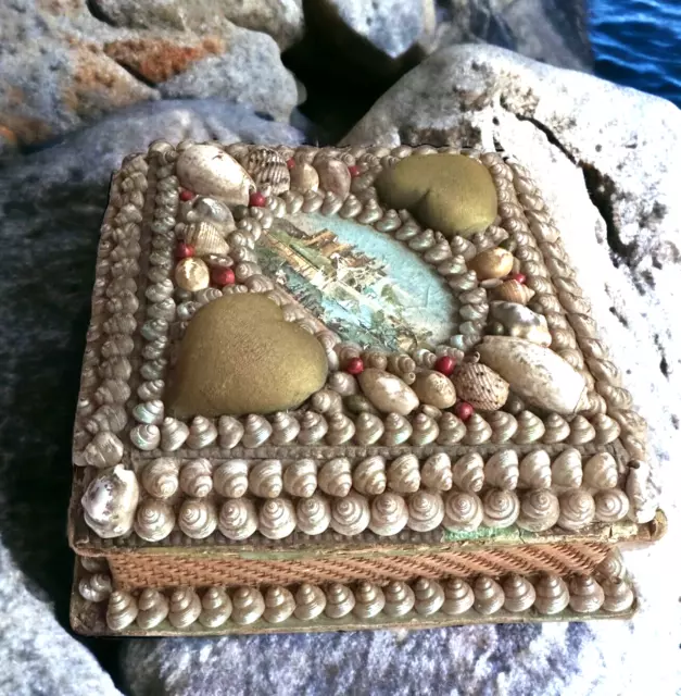 Sea Shell Folk Antique Box Seashell Sailor Valentine Hearts Castle Scene As Is