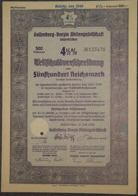 100 X Gelsenberg-Benzin Aktiengesellschaft 1940 4,5 % TSV  500 RM