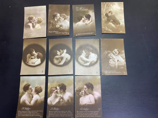 11 anciennes cartes postales - Couples Sujet: Le Baiser - Années 1920 -