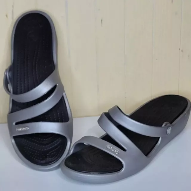 Crocs Women Size 9W Patricia Sandals Gray/Black Low Wedge Slip On Shoe Slide