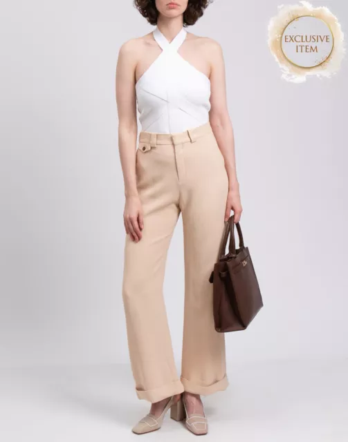 RRP€850 CHLOE Crepe Wide Leg Trousers FR40 US8 UK12 L Beige High Waist Zip Fly