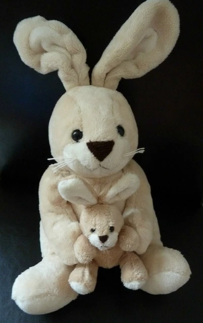 066. Doudou Peluche Nounours Lapin + Bebe  Ecru Beige 31Cms - Excellent Etat