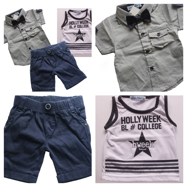 Completo 3 Pezzi Neonato Bambino Cotone Camicia + Short E Canotta  Tg.9/18 Mesi