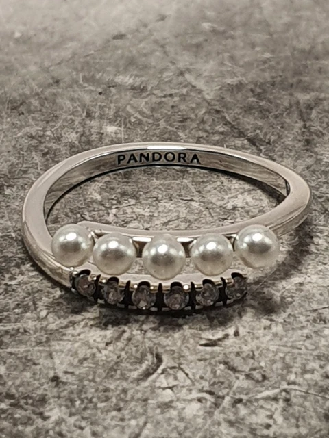 PANDORA ROW Of Pearl Open Ring Size 56 Used PicClick UK