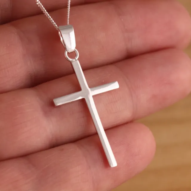 Solid 925 Sterling Silver Plain Cross Crucifix Pendant Chain Necklace Jewellery