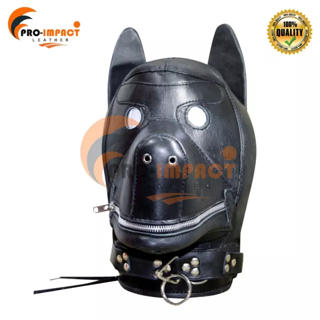 Genuine LEATHER GIMP DOG Puppy Hood Full Mask Mouth Costume Party Mask with Gag