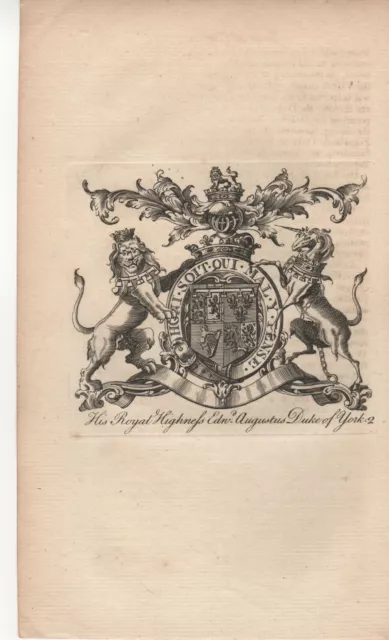 Antique Print 1768 - Coat Of Arms - Family Crest - Edward Augustus Duke Of York