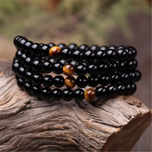 6mm 108 crystal obsidian Buddha bead bracelet Bless cuff Meditation Handmade
