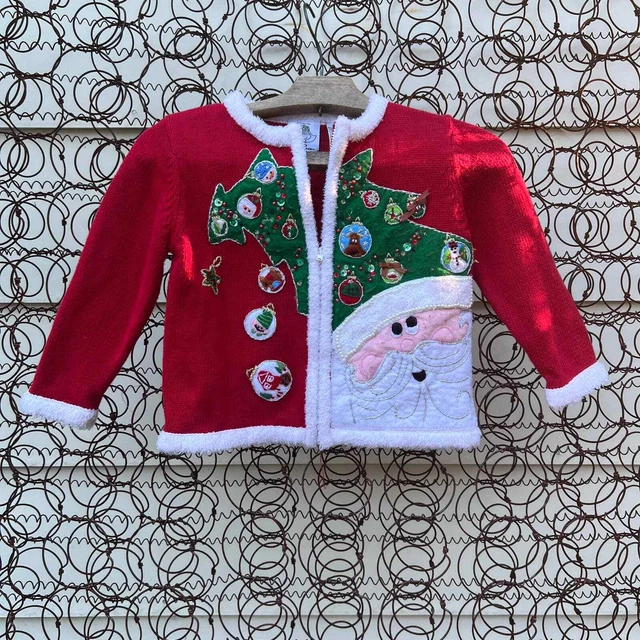 Vintage girls Santa Ugly Christmas cardigan sweater Tiara 2003 Girls Size 5