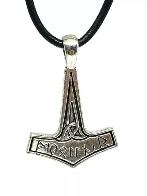 Rune Thors Hammer Pendant Necklace Mjolnir 18" Leather Cord Viking Norse Celtic