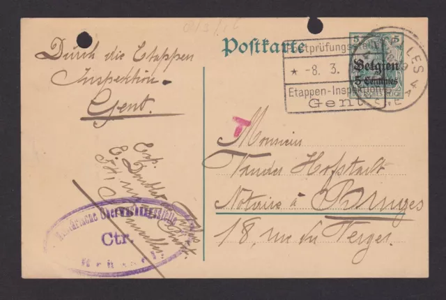 BELGIUM 1916, Pre-stamped postcard, Inspection mark Gent, German occupation, WWI