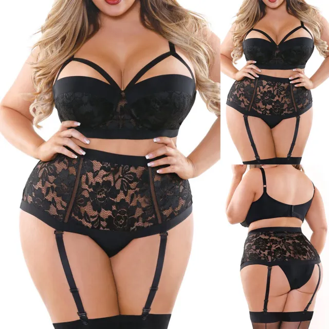 Plus Size Women Lace Sexy Lingerie Push Up Bra Briefs Garter Belt Underwear Set