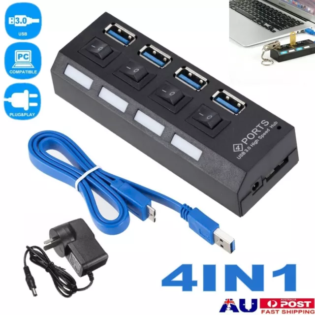 4 Ports USB 3.0 HUB Powered + High Speed Splitter Extender Power Supply AU