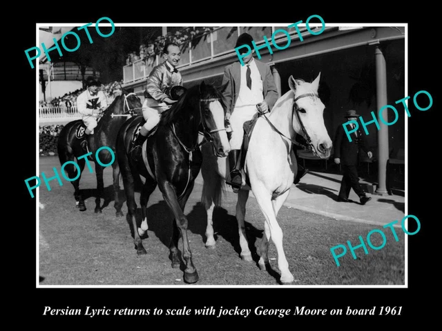 OLD HISTORIC HORSE RACING PHOTO OF JOCKEY GEORGE MOORE ON PERSIAN LYRIC c1961