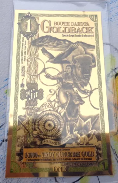 2023 ONE SOUTH DAKOTA GOLDBACK Aurum Gold Foil Note - 24K gold 1/1000 oz.