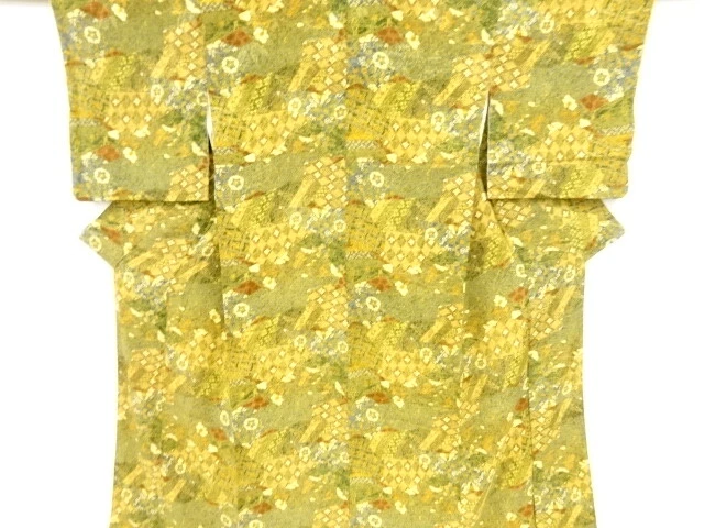 39440# Japanese Kimono / Antique Kimono / Mon Kinsha / Kiribame Style / Floral C