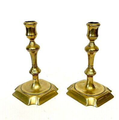 Antique English QUEEN ANN Pair Brass  Candlesticks Candle Sticks c1710