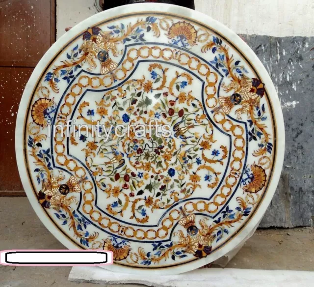 Pietra Dura Art Dinette Table Top Round Marble Party Table from Heritage Craft