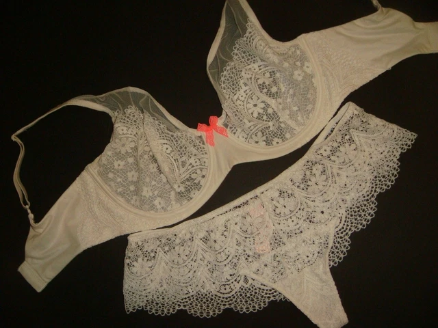 Victoria's Secret Nicht Gefüttert 34DD Bh Set M Tanga Kokosnuss Weiß Spitzenbody