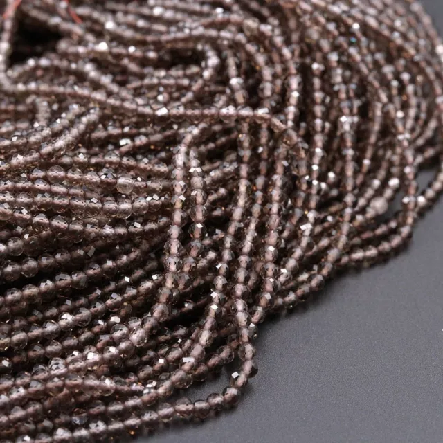 AAA Natural Smoky Quartz Gemstone Round Micro Faceted Cut Beads Strand 15.5"