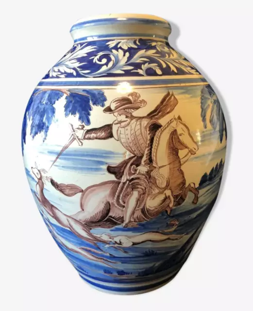 Vase ovoïde faïence XIXe ou XXe Chasse cheval chevaux signature N