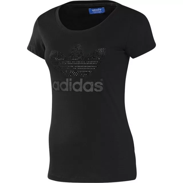 Wow Adidas Trefoil T-Shirt Brillantini Logo Strass Donna Lusso Ragazza Top Nero