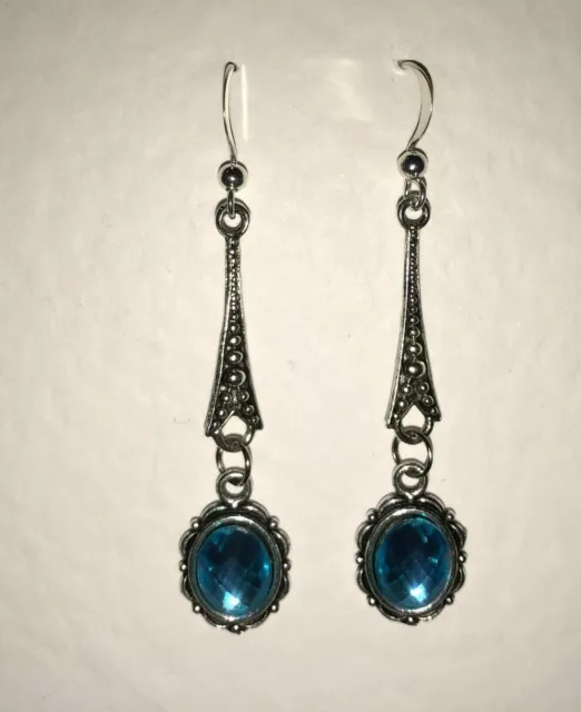 ELEGANT TURQUOISE VICTORIAN STYLE EARRINGS DK SILVER PLATED hook (3 R)