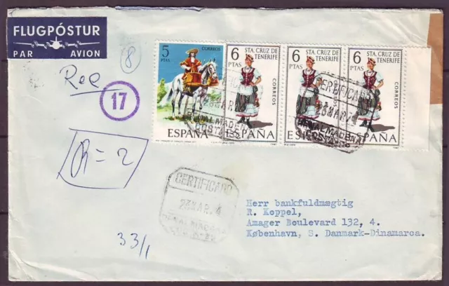 d1817/ Spain Benalmadrna Malaga REG Airmail Cover t/Denmark 1974