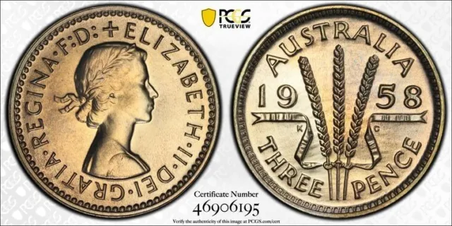 1958 Melbourne Proof  Three Penny 3D- PCGS - PR67