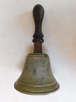 Antique HUGE Brass Wood Handle Hand Held School Bell Original Clapper 10" vtg