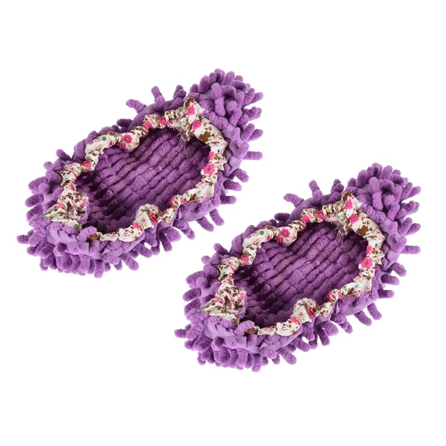 2Pcs Washable Cleaning Shoes Cover Duster Chenille Mop Slippers Purple