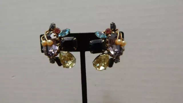 VTG Early to Mid-20th Century Multi Color Glass Stone Clip Earrings EUC