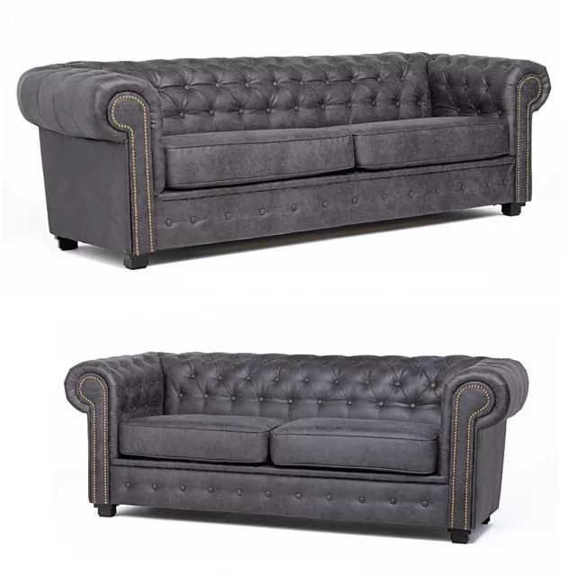 Chesterfield 3+2 Seater Sofa Set Astor Grey Charcoal Suede Leather Sofa Bed