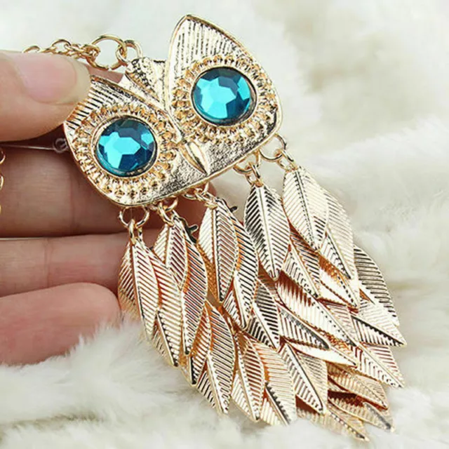 Owl Rhinestone Crystal Pendant Women Necklace Animal Long Sweater Chain Jewelry