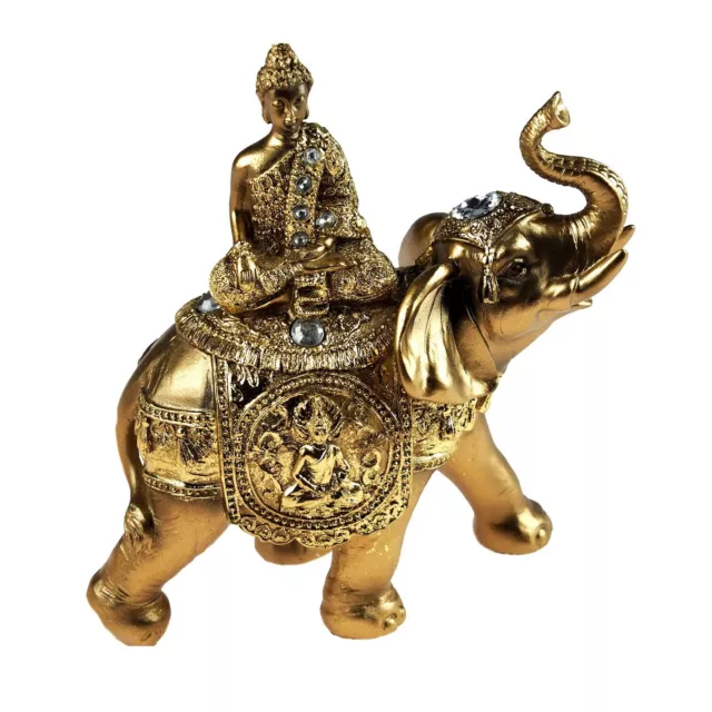 Antique Gold Jewelled Buddha Sitting on Elephant Decorative Home Shelf Ornament