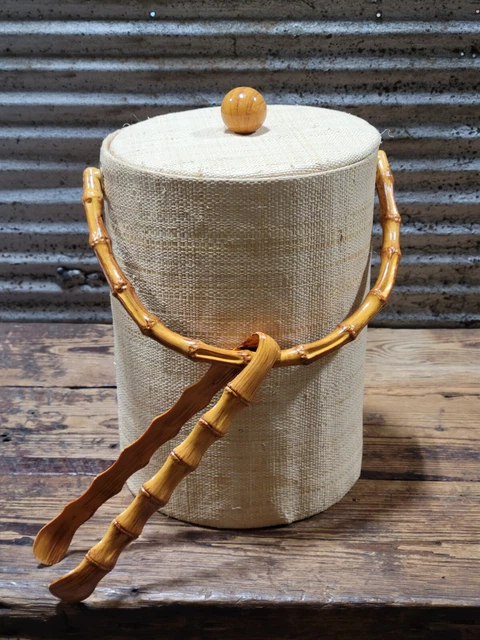 Vintage TIKI BAR Ice Bucket Grass Cloth & Faux Bamboo w/ Lid & Tongs Beach Vintage TIKI BAR Ice Bucket Grass Cloth & Faux Bamboo w/ Lid & Tongs Beach