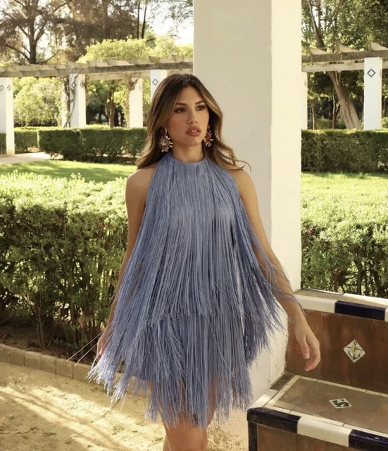 Zara blue fringe sales dress