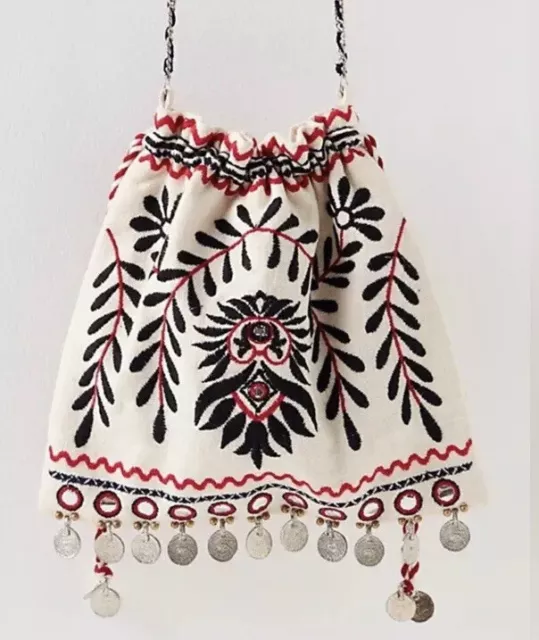 Free People Emmie Embroidered Crossbody In White Coin Fringe NWOT $79