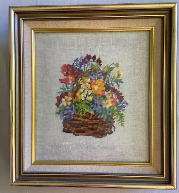 Vintage Framed Cross Stitch Linen Picture Flowers in Basket 35x32cm AutumnColour