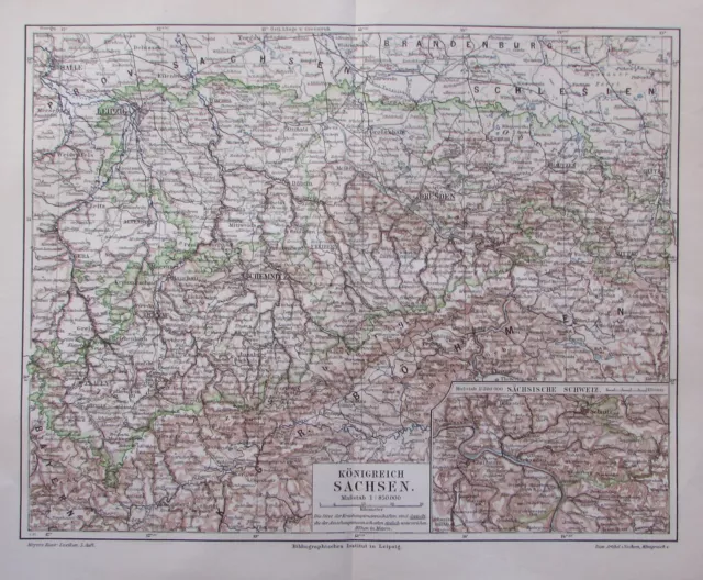 1897 Königreich Sachsen - Lithografie alte Landkarte old map