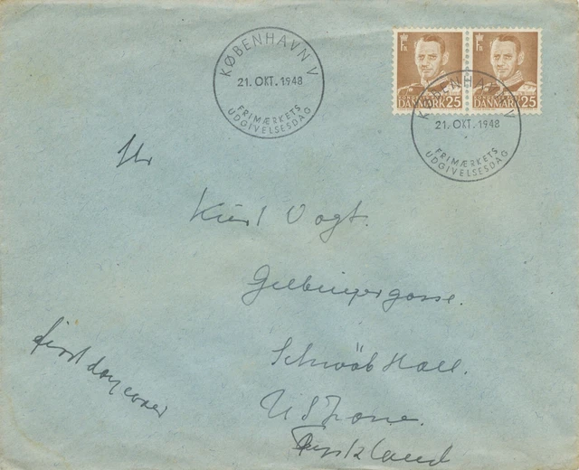 DÄNEMARK 21.10.1948, Freimarken: König Frederik IX 25 Ö (Paar) auf echt gel. FDC