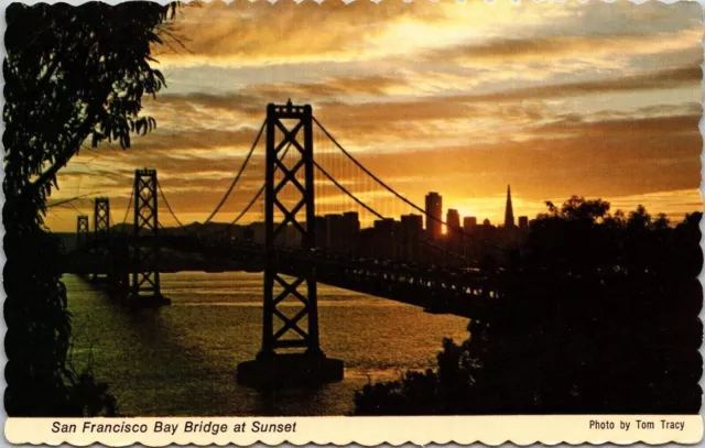 San Francisco Bay Bridge Sunset Skyline From Angel Island Postcard UNP WOB Note