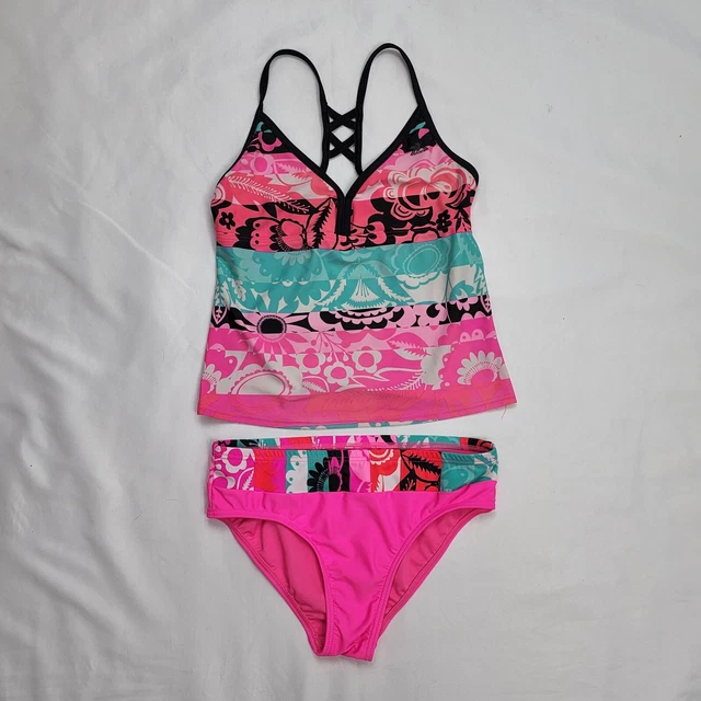 Girls 12 2-piece Tankini Bathing Suit Swimsuit Pink Tropical Teal Blue Strips