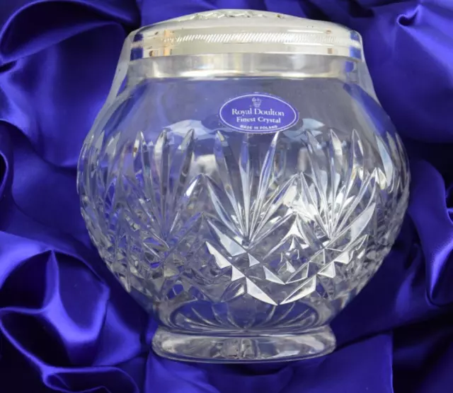 Royal Doulton Finest Crystal Glass Rose Bowl Silver Rim & Mesh Nib Box Tatty