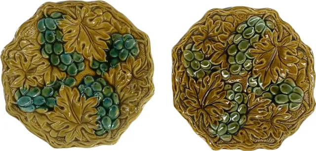 Set of 2 Majolica Style Plates Made in Japan Grape Leaves Octagonal Brown Green