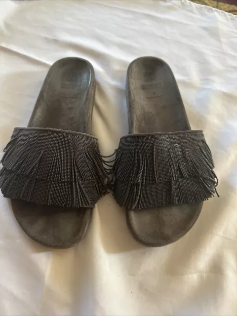 BRUNELLO CUCINELLI Monili Fringe Leather Suede Sandals Slides size 40