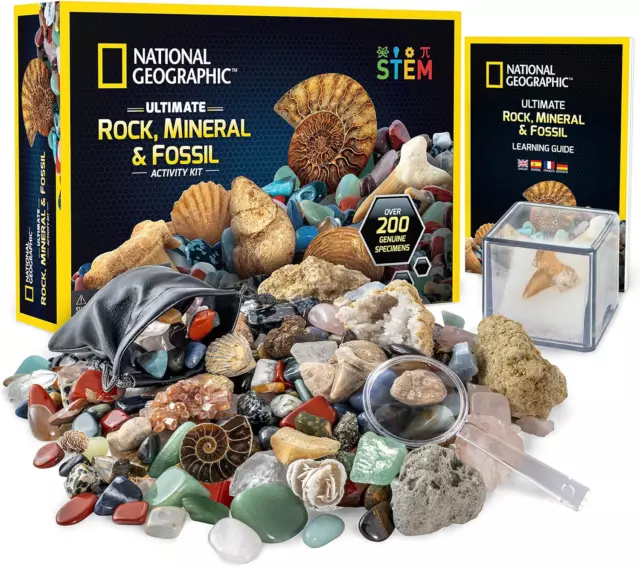 200-Pc National Geographic Rock & Fossil Kit - Geodes, Quartz, Gems for Kids 8+
